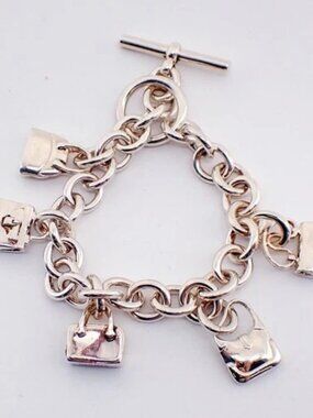 HERMES Logo Amulet 5 Charm Chain Bracelet Bangle Silver 925 France 649LC636